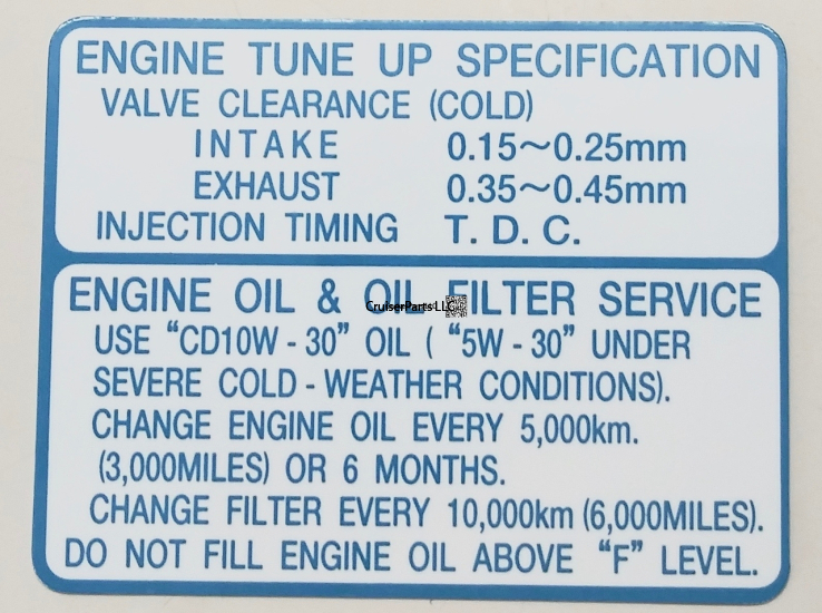 Engine Service Information Decal [11296-17120] : CruiserParts, Toyota ...