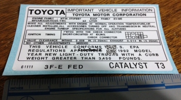 Modal Additional Images for 1992 3F-E FED Catalyst T3 Important Information Decal