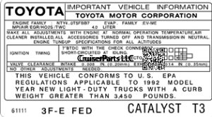 1992 3F-E FED Catalyst T3 Important Information Decal