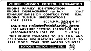 1972 Vehicle Emissions Control Decal