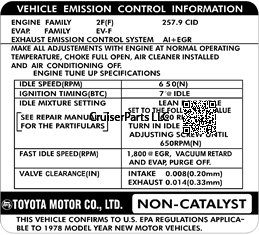 1978 Vehicle Emissions Control Decal
