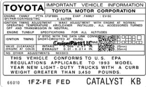 1993 1FZ-FE FED Catalyst KB Important Vehicle Information Decal
