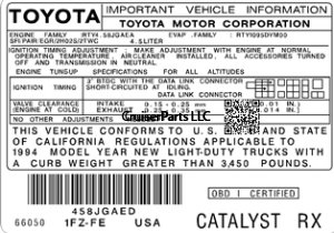 1994 1FZ-FE US Catalyst RX Engine Important Information Decal