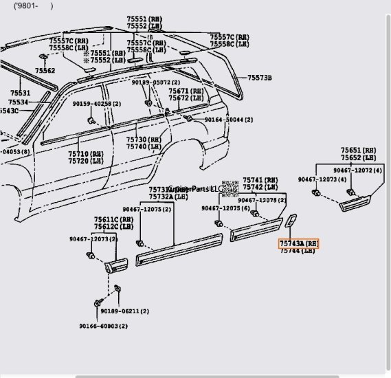 Body Side Molding Behind Rear Right Door 98-07